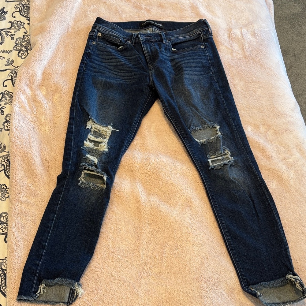 Express Dark Blue Distressed Skinny Jeans